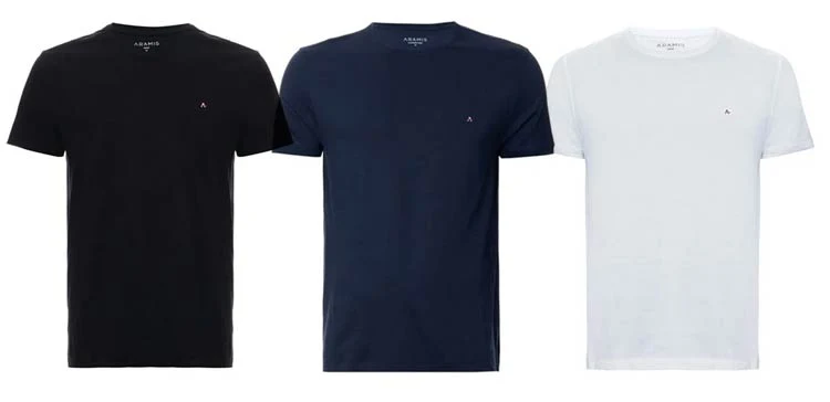 Três camisetas nas cores pretas, azul marinho e branca.