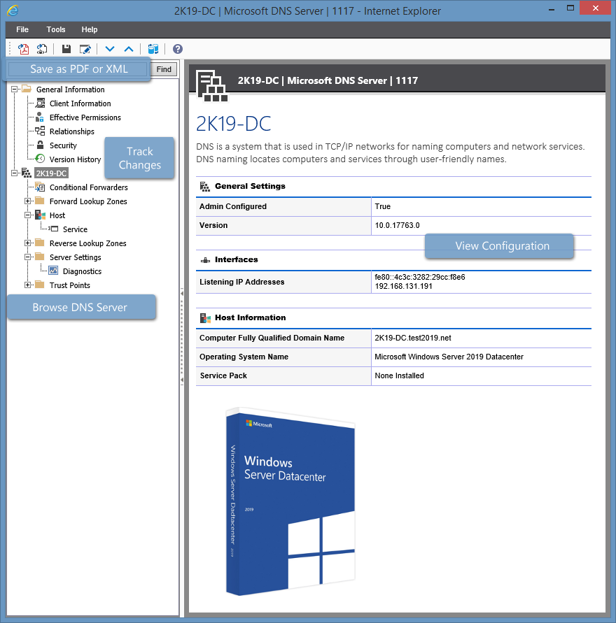 Screenshot of the summary of a DNS server in the XIA Configuration web interface