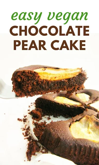 Vegan Chocolate Cake with Pear - a fudgy dairy-free and egg-free chocolate cake that makes a wonderful dessert for special occasions like Easter and Christmas #veganchocolatecake #vegancake #veganpearcake #chocolatepearcake #dairyfreechocolatecake #veganchristmascake #veganchristmasdessert #veganchristmasrecipes