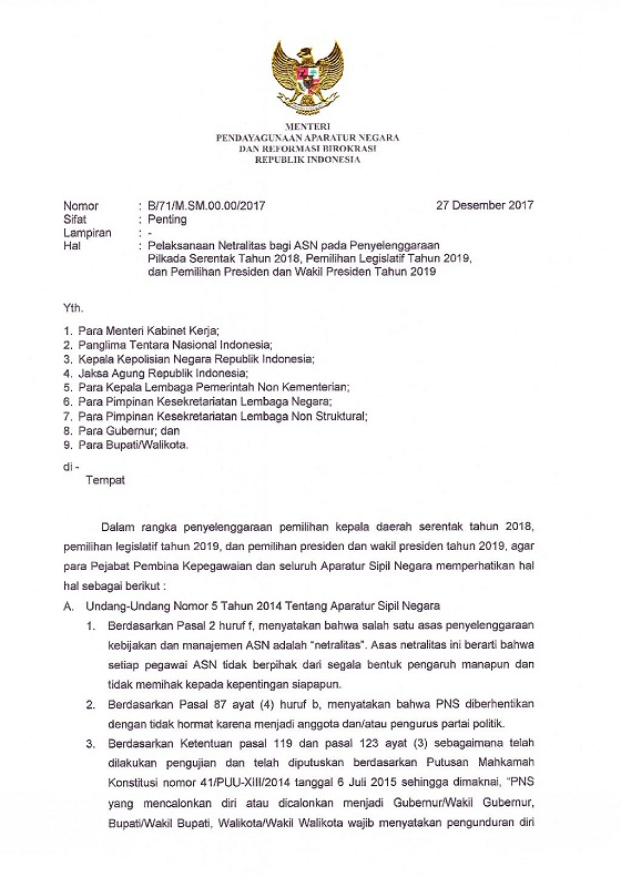 Surat Menteri PANRB: PNS Harus Menjaga Netralitas Dalam 