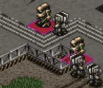 Shows four robots two are gold coloured and two are silver coloured they look bit like mech units from the Mech display type but it is strategic look here and silver coloured ground and little grass on the bottom of the screen .png