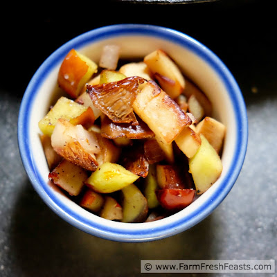 Jujube fruit and King Oyster mushrooms sautéed with a bit of farm share onion in roasted garlic-flavored olive oil and butter. A gourmet date night appetizer at home.