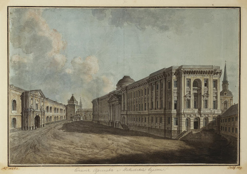 View of the Senate, Arsenal Buildings and St Nicholas Gate in the Moscow Kremlin by Fyodor Alekseyev - Architecture, Cityscape, Landscape Drawings from Hermitage Museum