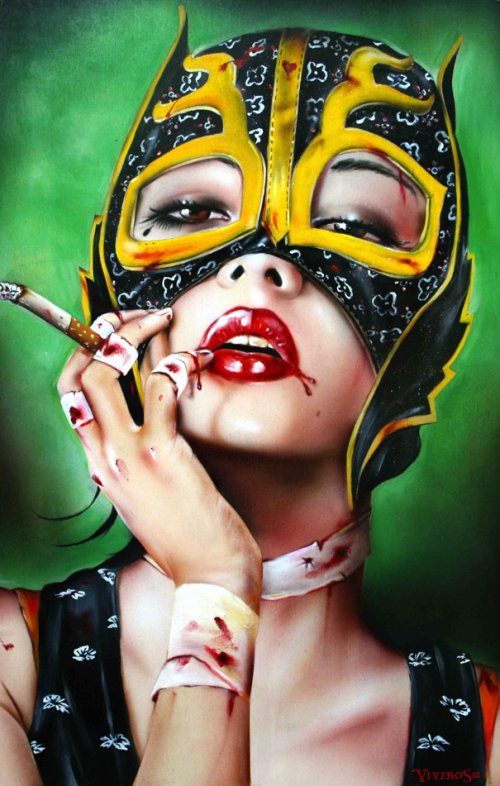 Brian Viveros pinturas mulheres badass violentas fumantes guerra surreal hiper realista