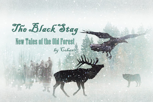 digital art, villagers, red deer, wolf, raven, animal silhouettes in snow, title text the black stag,cohanmagazine.blogspot.com