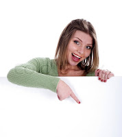 Smiling young woman pointing the fingers isolated on white background.