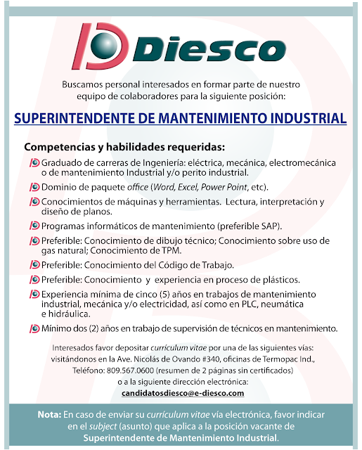 Empleo Superintendente de Mantenimiento Industrial