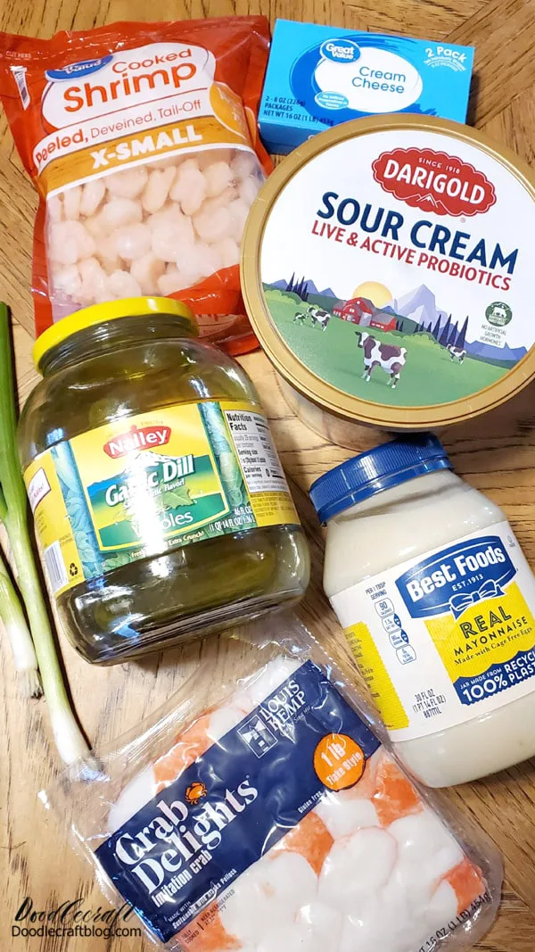 Ingredients for Mirelurk Dill Dip:  1/2 Pound Imitation Crab 1 Cup X-Small Cooked Shrimp 1 Package Cream Cheese 1/3 Cup Sour Cream 1/3 Cup Real Mayonnaise 2-4 Garlic Dill Pickles (chopped) 2 Green Onions 1 Tablespoon Dill Weed