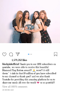 180823 Blackpink Official Instagram Update, Youtube Diamond Play Button!