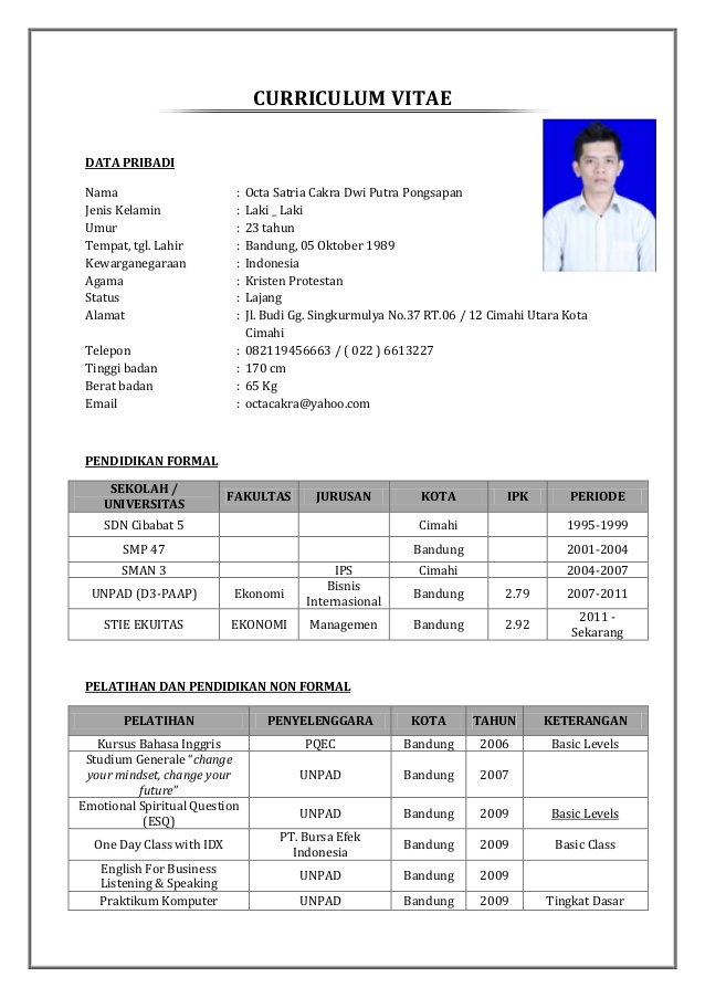 Contoh Curriculum Vitae Cv Yang Baik - ben jobs