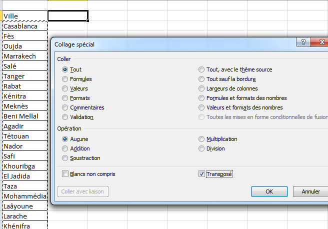 نسخ و لصق باستعمال الخيار Transposé في اكسيل 2010