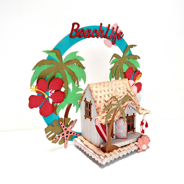 Surf Shack Paper Beach Hut with Tropical Flowers Shells and Palm Trees