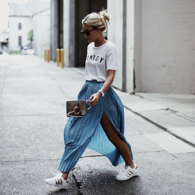 Happily Grey Blue Maxi Skirt Chloe Bag Adidas Sneakers