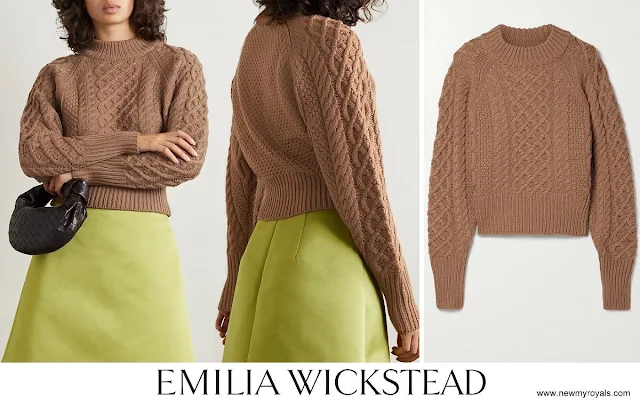 Princess Charlene wore Emilia Wickstead Emory cable-knit wool blend sweater in brown