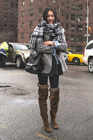 how and what to wear with over the knee boots: mini skirt, down jacket, blazer layering with check scarf and denim jacket