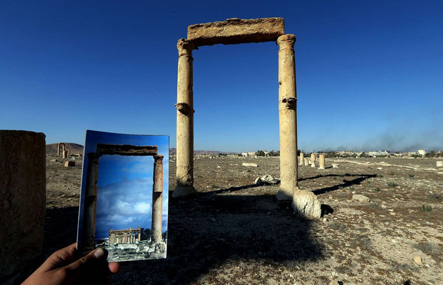 Shocking Pictures Illustrating Syrian Historical Monuments Destroyed By Daesh attacks - The Temple of Baal Shamin seen used to be visible through these two columns