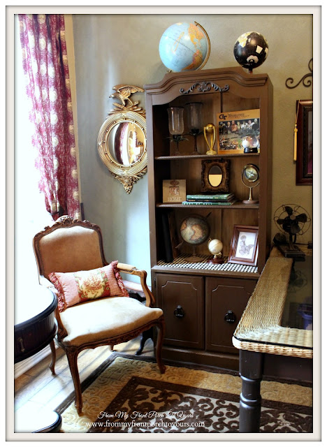 Up cycled Bookcases-Globes-Federal Mirror-French Country Home Office- From My Front Porch To Yours