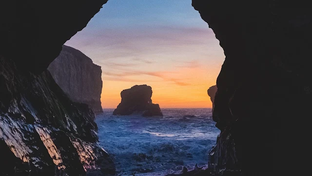 Nature, Cave, Rocks, Sunset Sea