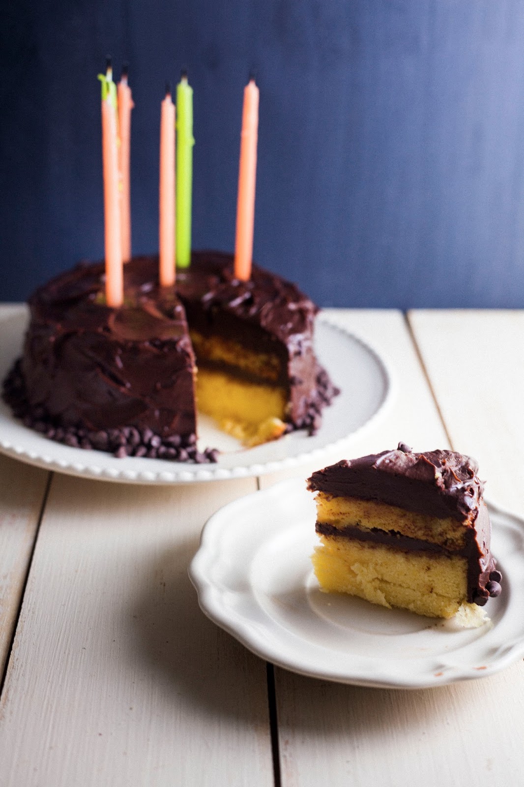 Yellow Birthday Cake with Chocolate Frosting (for Two 