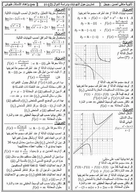 تمارين حول النهايات و دراسة الدوال للسنة الثانية ثانوي شعبة علوم تجريبية