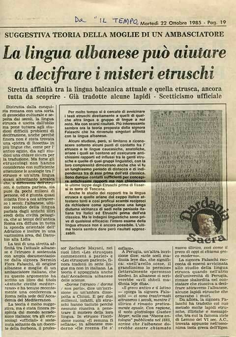 La lingua albanese può aiutare a decifrare i misteri etruschi (giornale "IL TEMPO" - anno 1985)