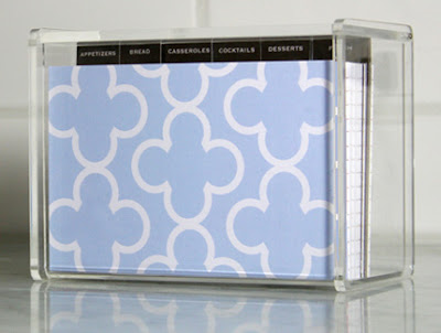 lucite recipe box with patterned dividers