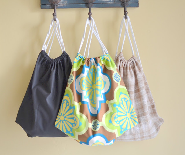 3 handmade drawstring backpacks -DIY Drawstring Backpack Tutorial - Blue Susan Makes