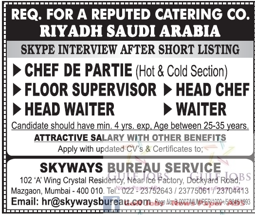 Reputed catering co Jobs for Riyadh KSA
