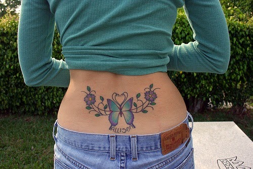 Butterfly and Flower Lower Back Tattoo, Tattoo of Butterfly Flower Design, Designs of Butterfly and Flower Tattoo, Flower, Birds.