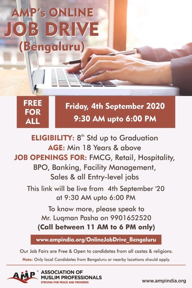 AMP'S Online Job drive for Freshers in Bengaluru on 4 September 2020