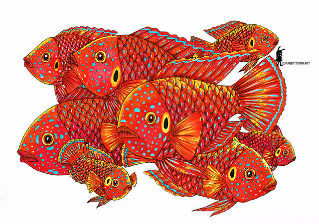 Red Forest Jewel is a type of Cichlid.  Colored in with markers and inked with indian ink by Marta Tesoro aka Rabbit Town Art