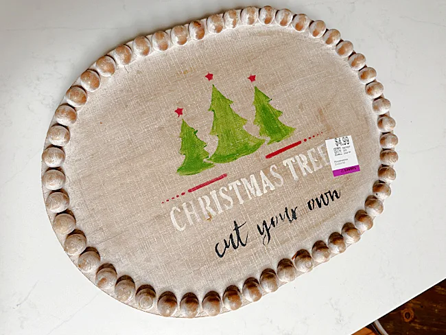 christmas tray with thrift store label and beaded trim