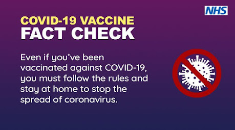 Bold text on blank background, explaining that you must still follow the rules after vaccination