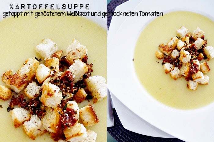 Kartoffelsuppe getoppt mit geröstetem Weißbrot und getrockneten Tomaten