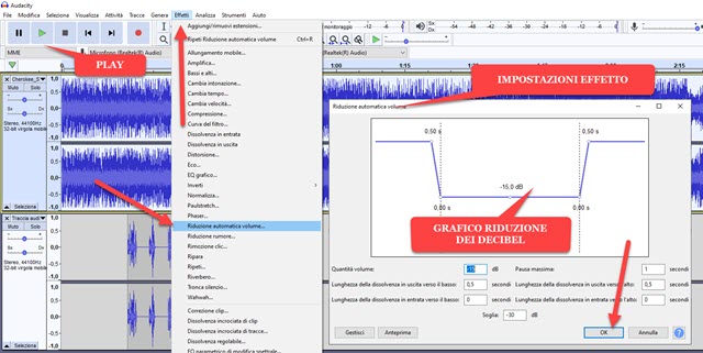 applicazione automatica della riduzione del volume con audacity