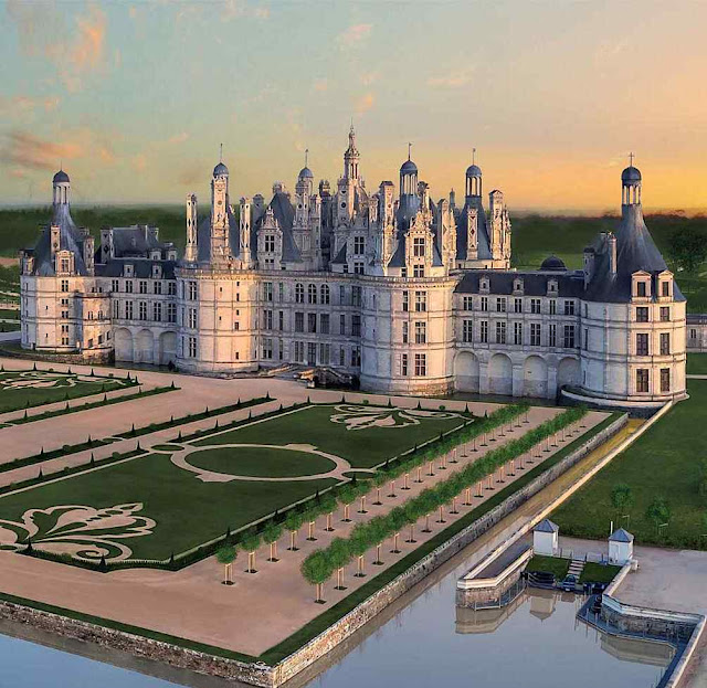 Chambord: vista aérea da restauração dos jardins