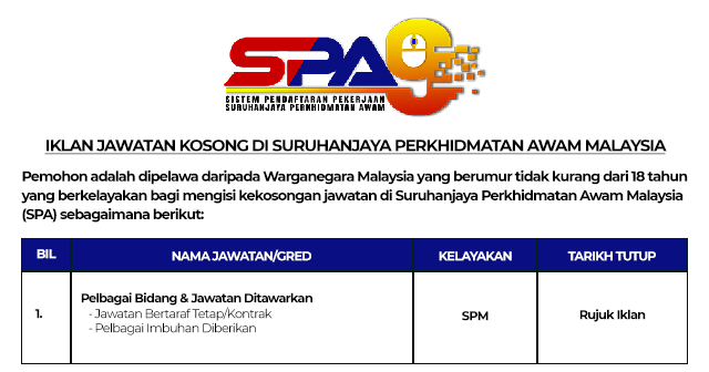 Jawatan Kosong Suruhanjaya Perkhidmatan Awam Malaysia (SPA9)