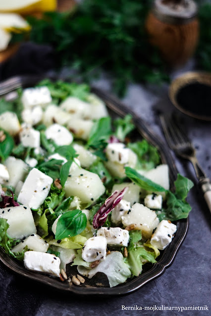 feta, salatka, melon, przekaska, bernika, sałata, kulinarny pamietnik