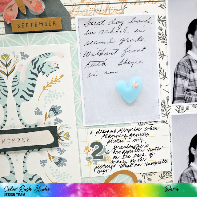 Vintage back-to-school scrapbook layout created with the Simple Stories Wildflower collection and embellishments from Color Rush Studio.