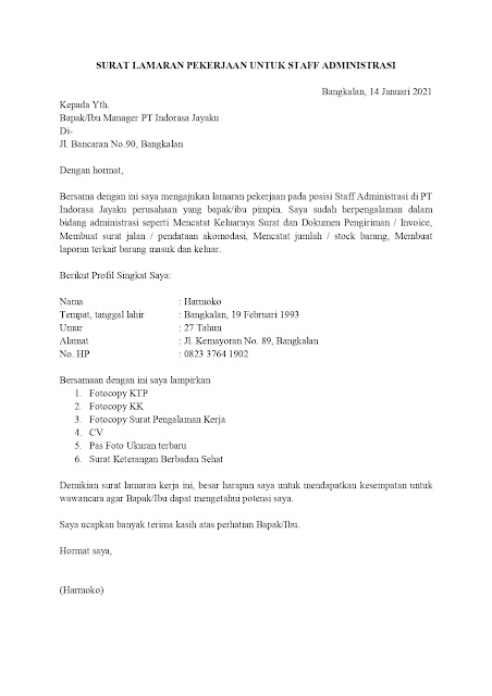 Contoh Surat Lamaran Pekerjaan Untuk Administrasi Dan Perkantoran
