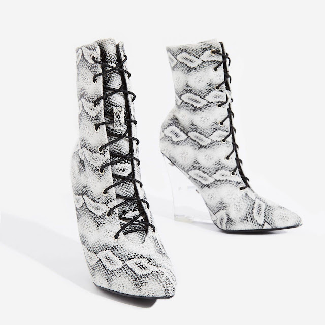 Snake print and perspex wedge bootie by Ego Shoes