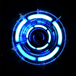Blue circle with curved white lights and small lines that complete the circular shape on a black background