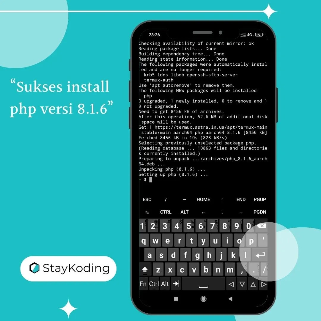 contoh sudah berhasil install php di termux