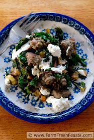 A low carb meal of sausage sautéed with Swiss chard and topped with creamy burrata cheese.