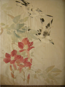 Original Chinese watercolor painting of 2 birds flying over flowered branch. Artist unknown.  ??七作﻿  Date:  Ji Mao 己卯