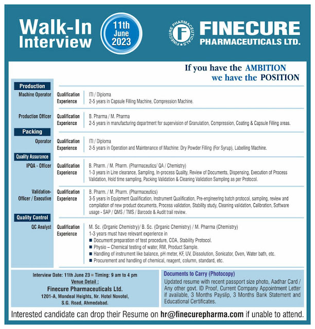 Finecure Pharmaceuticals Walk In Interview For Production/ Packing/ IPQA/ Validation/ Quality Control