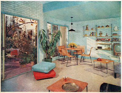 Mid-century living dining room with blue walls