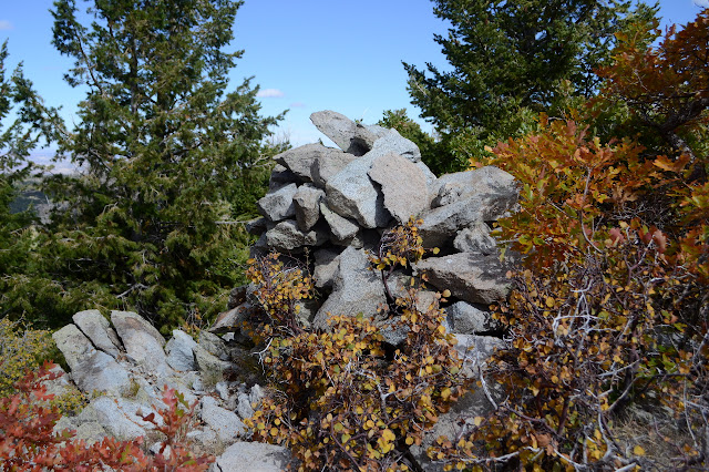 stack of rocks among fall colors and evergreen