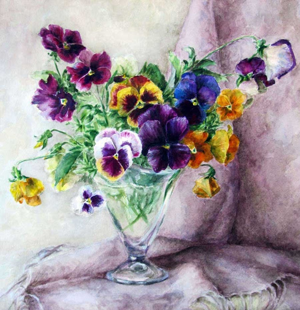 flower vase bouquet pansies still life painting scrap decoupage
