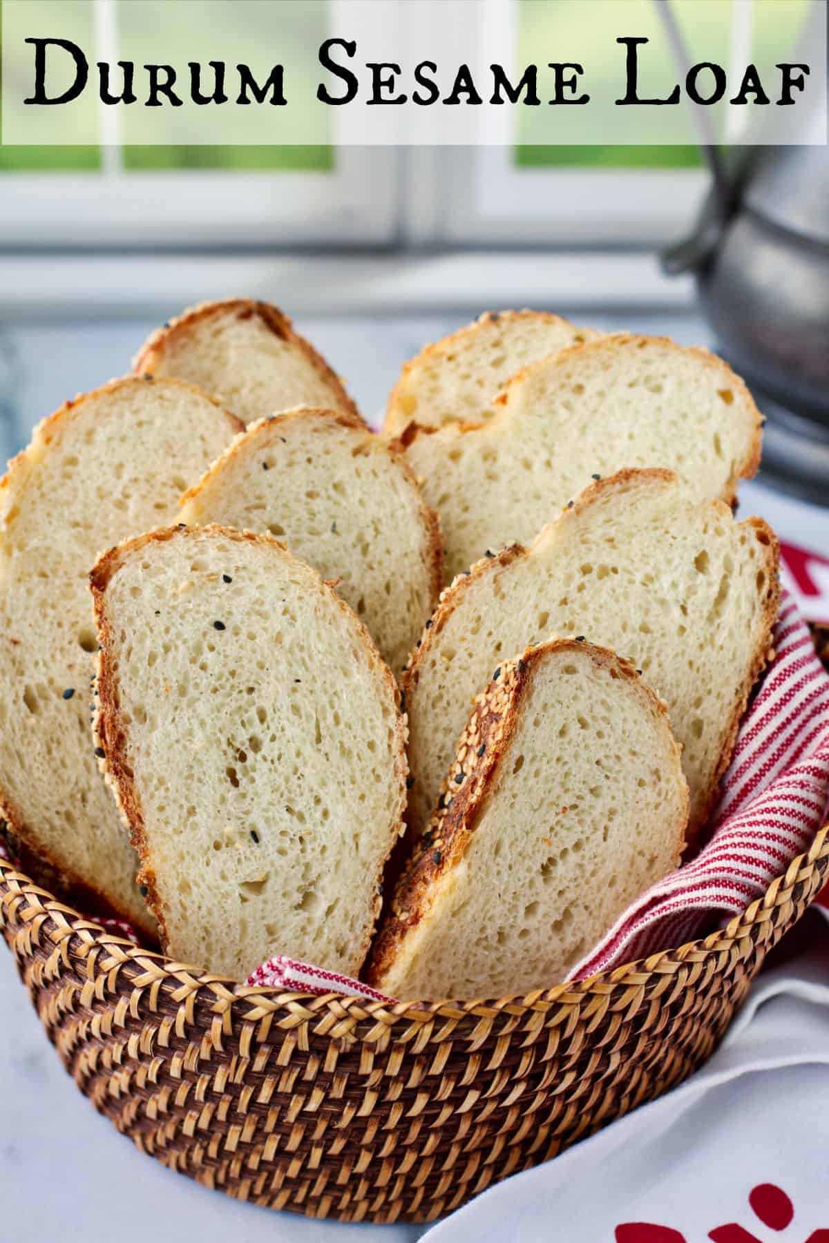 Durum Wheat Sesame Bread slices in a basket.